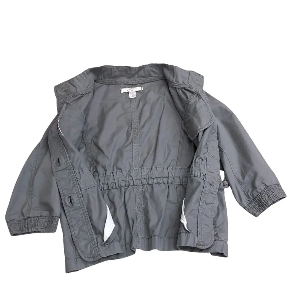 Ann Taylor Loft Gray Utility Cargo Jacket Multiple Pockets Adjustable Tie Waist